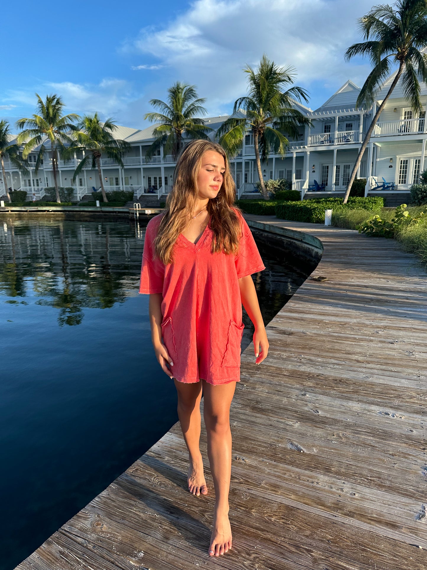 short sleeved orange red romper